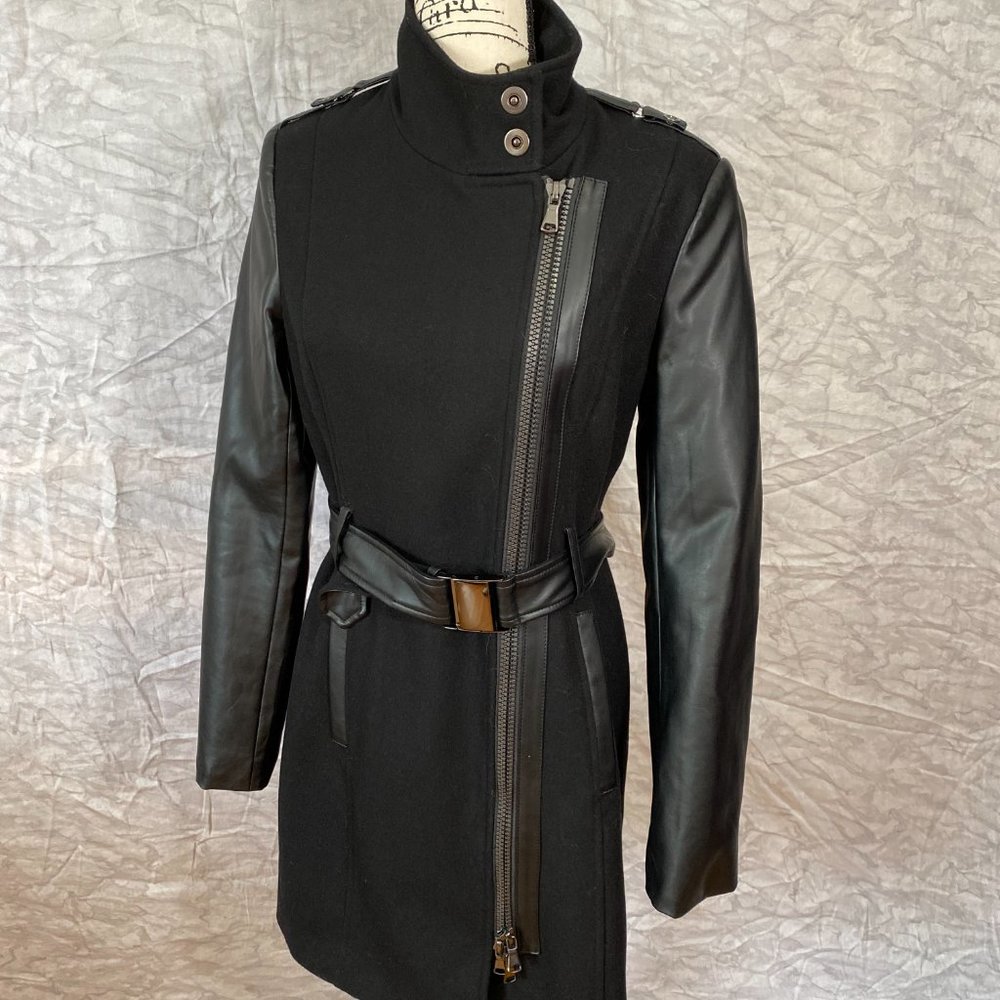 BEDO Wool Blend Drape Black Faux Leather Sleeves Women Coat Size Medium